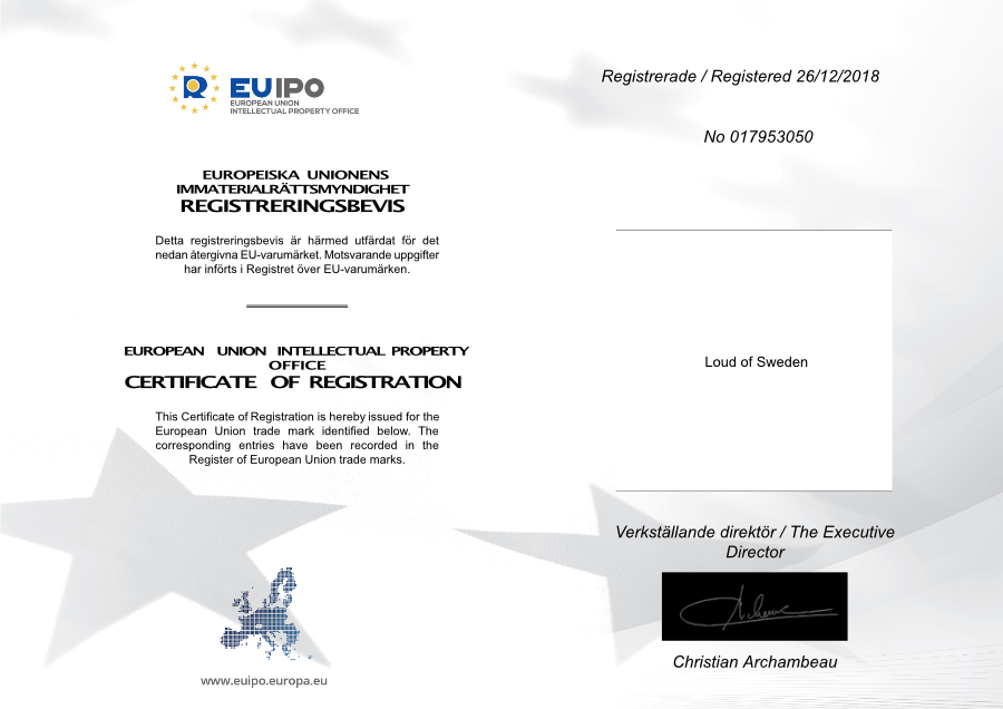Loud Of Sweden EU varumärke registreringsbevis